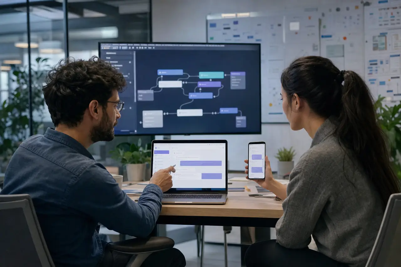 A product team testing a contextual AI assistant across laptop and phone