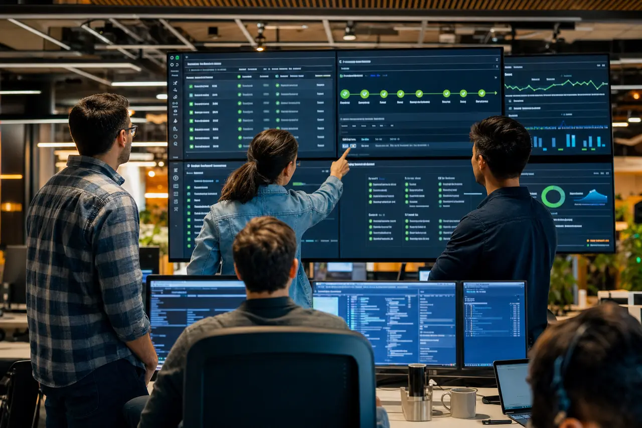 Developers watching an automated pipeline move code from commit toward production