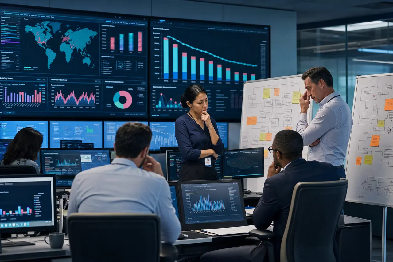Cloud architects reviewing migration risks and infrastructure dashboards