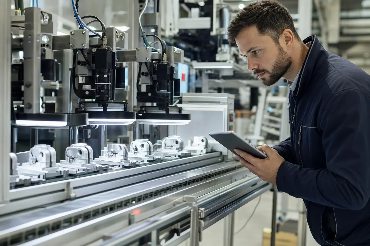 An engineer monitoring automated visual inspection on a factory line