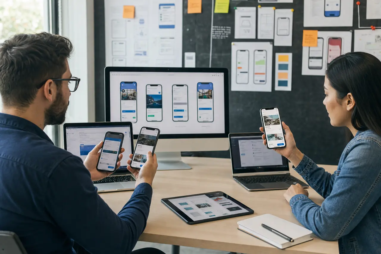 Mobile developers testing the same product across iOS and Android devices
