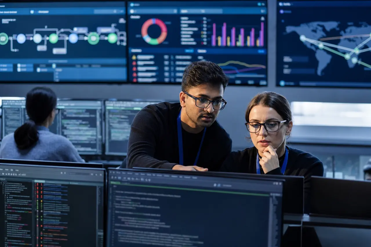 A security engineer and developer reviewing CI pipeline security alerts