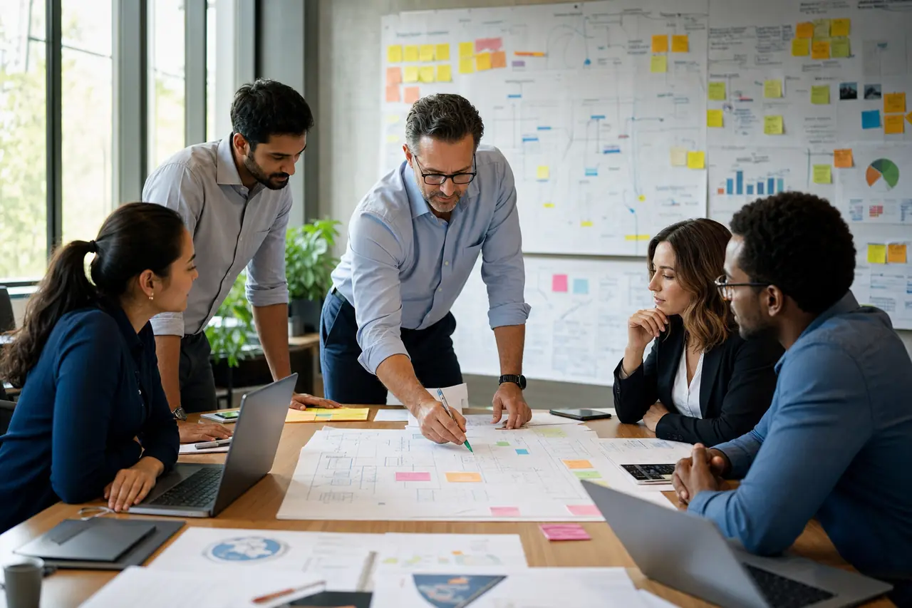 Technology leaders planning a digital transformation roadmap in a strategy room