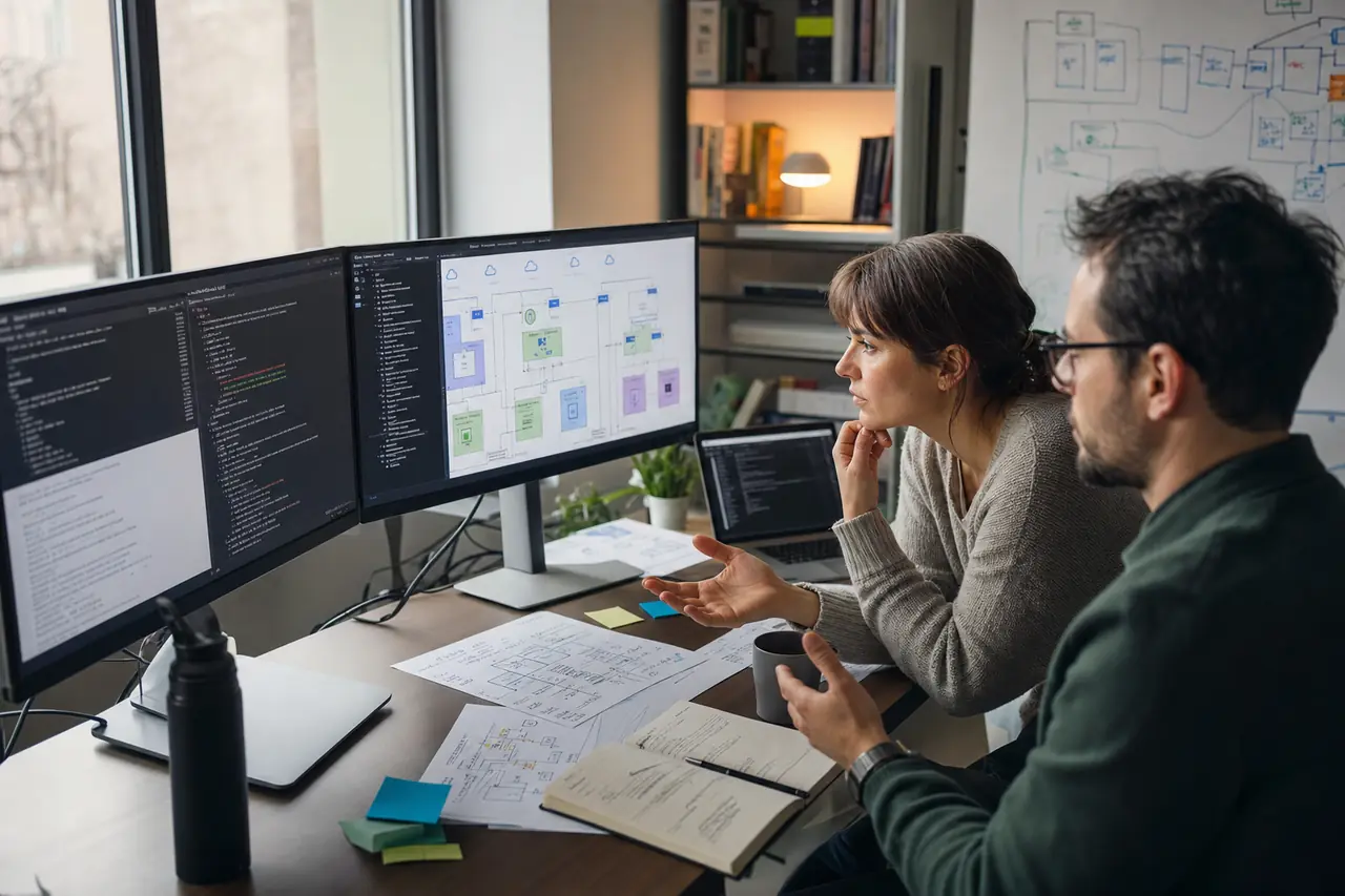 A cloud engineer reviewing infrastructure-as-code plans and system diagrams