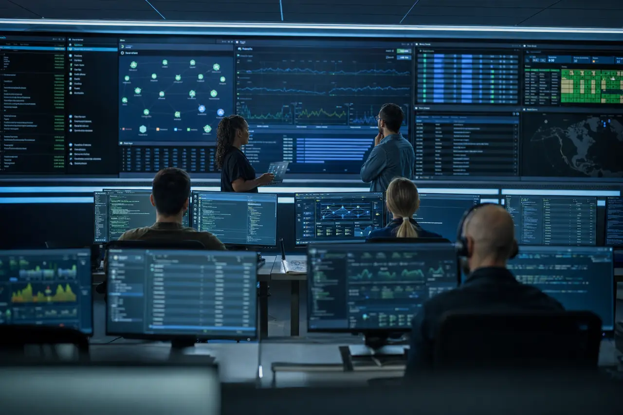 Platform engineers managing container orchestration dashboards at enterprise scale
