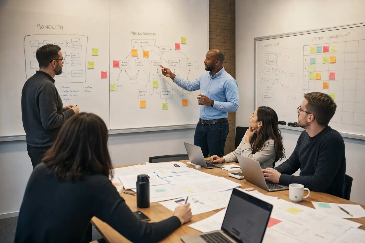 Engineering leads debating service boundaries and monolith architecture on a whiteboard