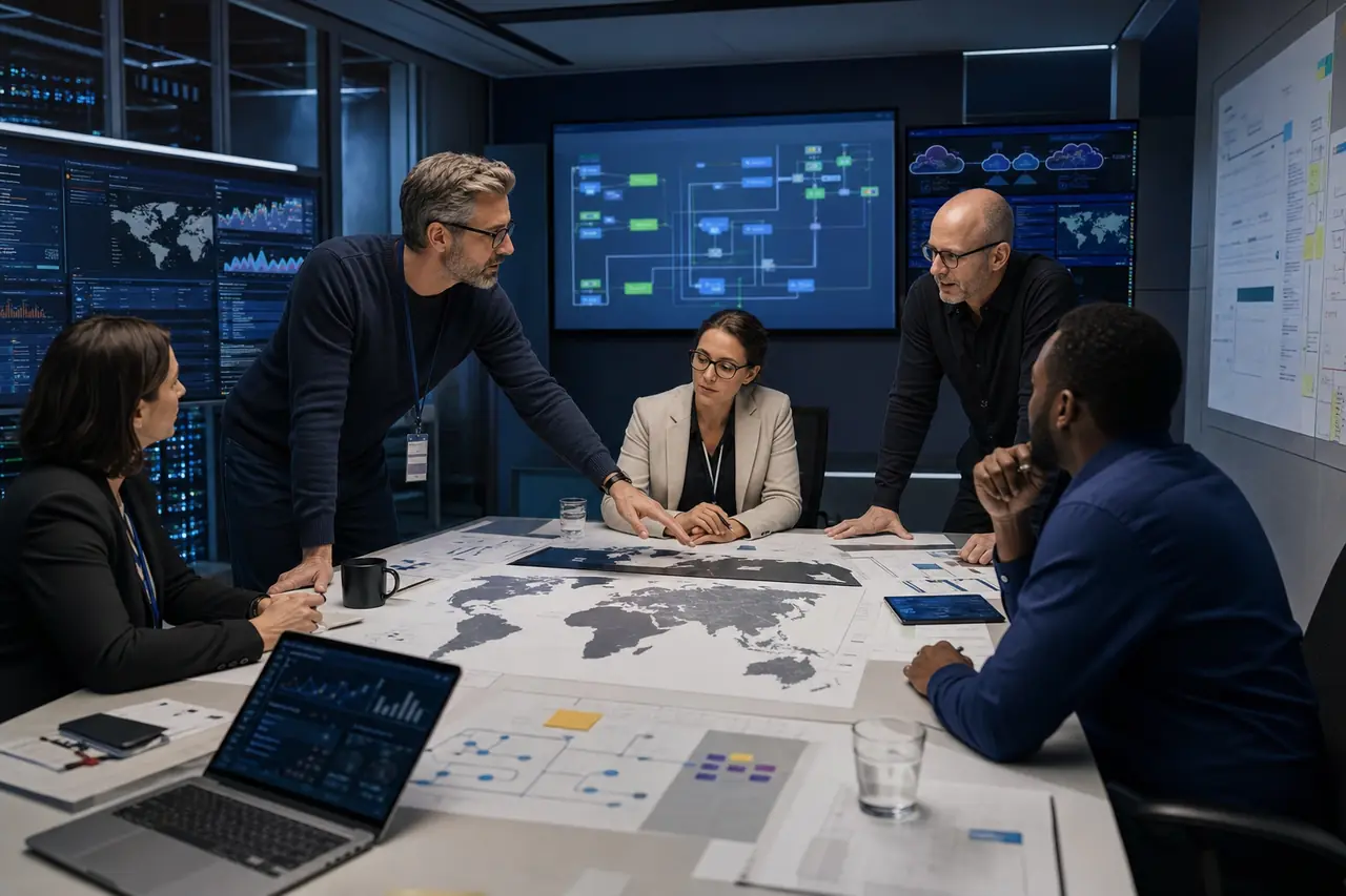 Platform leaders coordinating a multi-cloud operating model across shared dashboards