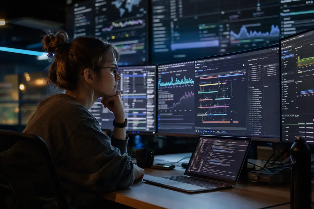 A reliability engineer investigating a distributed systems incident with metrics and traces