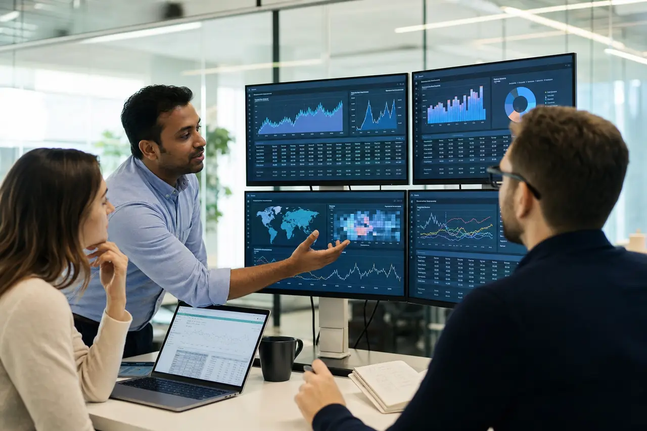 Data analysts reviewing forecasting dashboards and revenue planning metrics