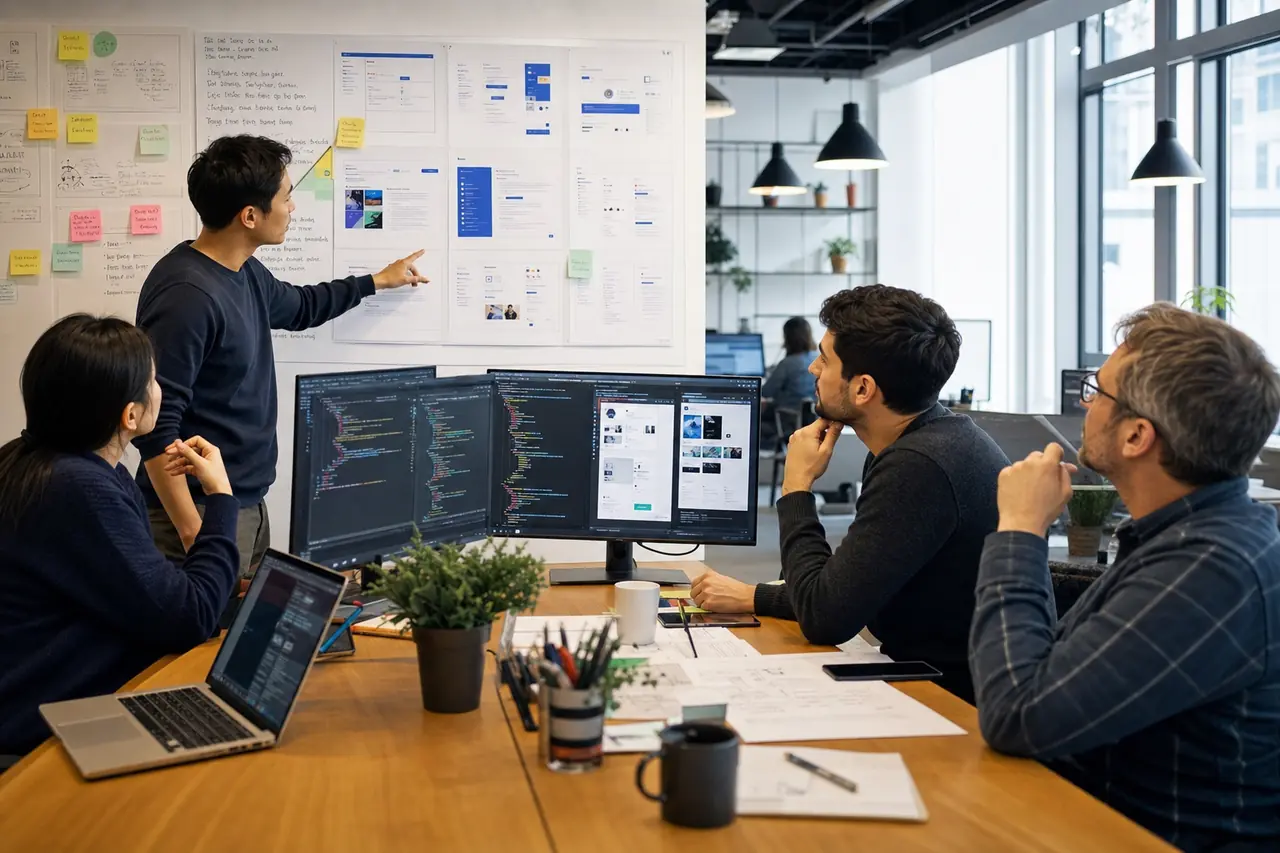 Frontend engineers comparing framework options in a modern web product studio