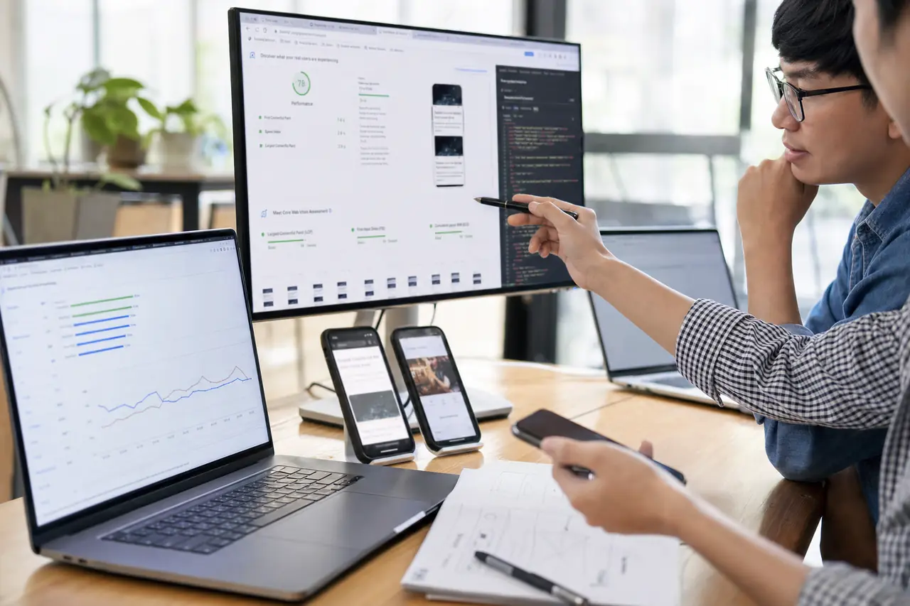 Web engineers optimizing performance metrics with profiling tools and real devices