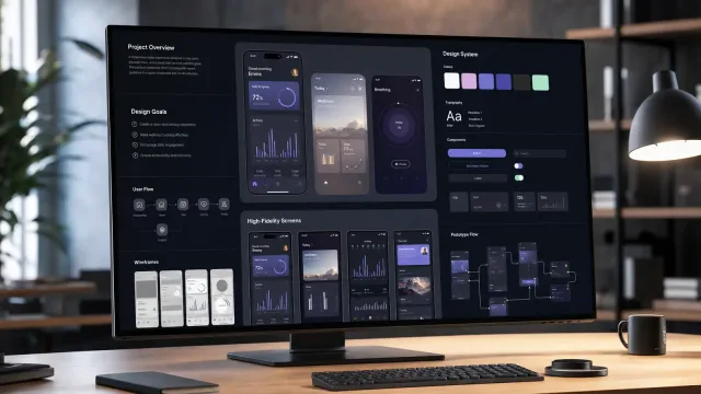 Wellness app design system — project overview, design goals, user flow, wireframes, colour and type scale, and a prototype flow