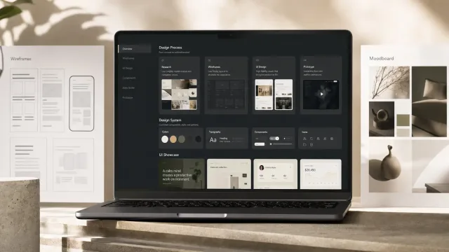 Design process case study on a laptop — research, wireframes, UI design and prototype stages above a design system and UI showcase