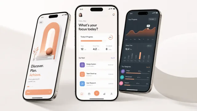Focus and planning app on three handsets — onboarding, a daily focus screen with task progress, and a weekly insights breakdown