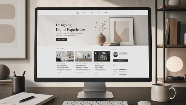 Freelance designer portfolio website — hero statement, latest articles row, about panel and skills breakdown