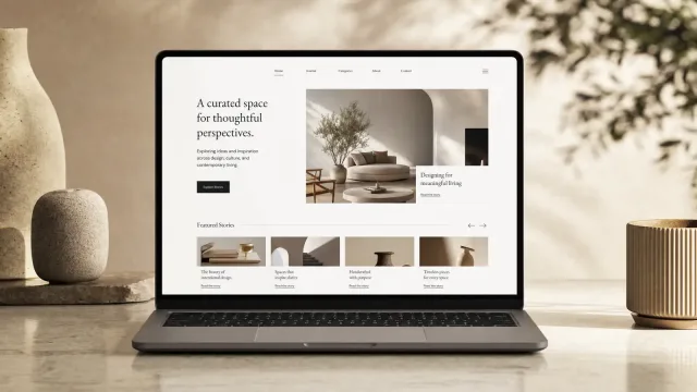 Editorial journal website on a laptop — hero story and a featured-stories rail for a design and culture publication