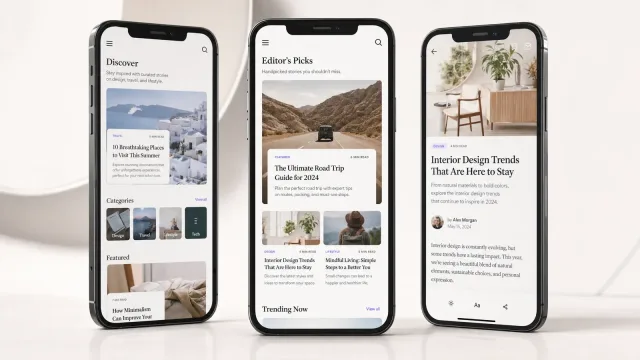 Reading app on three handsets — category-led discover feed, editor's picks, and an article reader with type controls