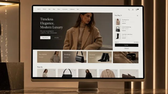 Luxury fashion storefront on a desktop display — campaign hero, category tiles, New In grid and a slide-out bag with subtotal