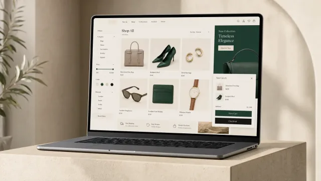 E-commerce catalogue on a laptop — category, price, colour and material filters beside a product grid and an on-page cart