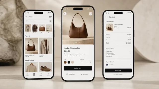 Mobile leather goods store on three handsets — shop listing, product detail with colour and quantity, and checkout with order summary