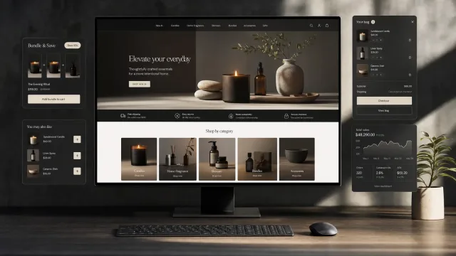 Home fragrance storefront — hero, bundle and save builder, category rail, bag drawer and a total sales panel