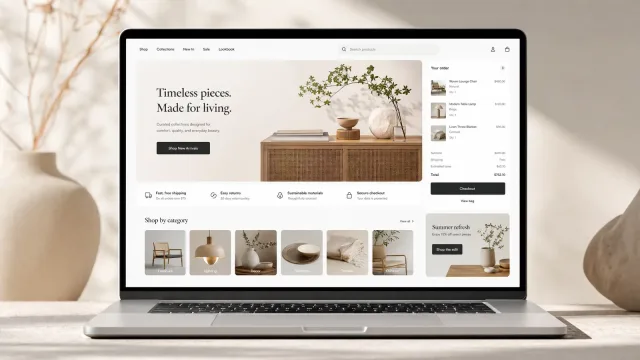 Furniture and homeware storefront on a laptop — hero, shipping and returns row, six category tiles and a running order panel