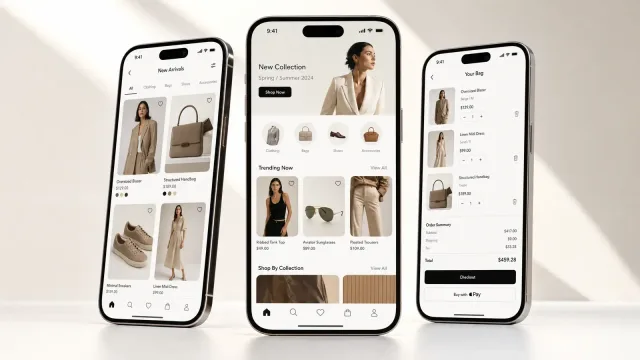 Mobile fashion storefront on three handsets — new arrivals grid, seasonal collection home and a bag offering Apple Pay