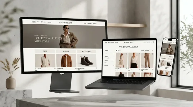 Fashion label storefront — collection landing page and filtered product grid shown across desktop, laptop and mobile