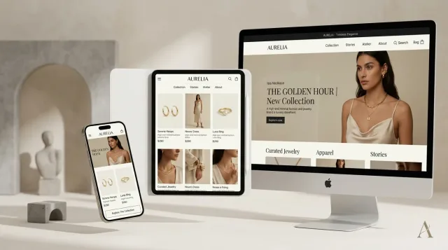 Luxury jewellery store — editorial hero, curated collection grid and mobile storefront across desktop, tablet and phone