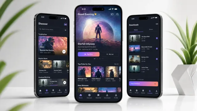 Streaming app on three handsets — discover feed with continue watching, featured title with play and My List, and a downloads screen