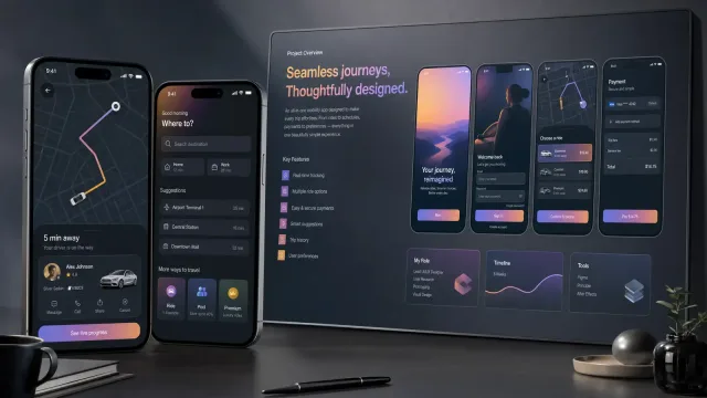 Ride-hailing app — live driver tracking, destination search, ride tier selection and payment, shown beside the project overview board
