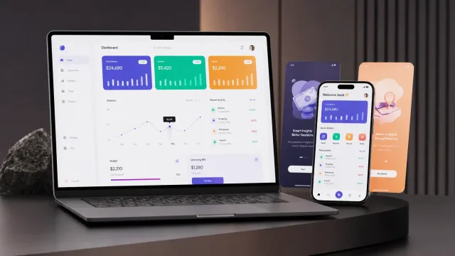 Personal finance dashboard on a laptop — balance, income and spend cards, statistics, recent activity, budget and upcoming bills, with the mobile app alongside
