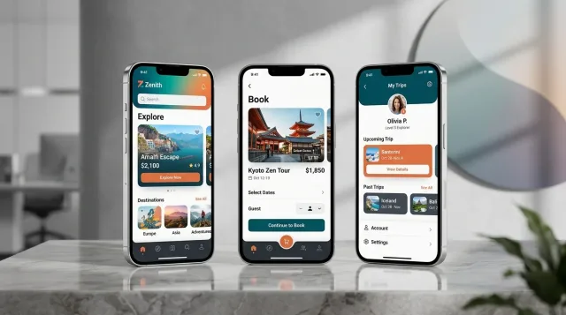 Travel booking app on three handsets — destination explore, a booking screen with dates and guests, and a My Trips view