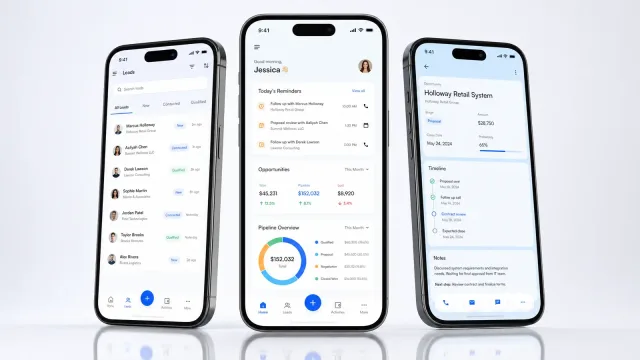 CRM mobile app on three handsets — leads list with status, a home screen with reminders and pipeline split, and an opportunity record with timeline and notes