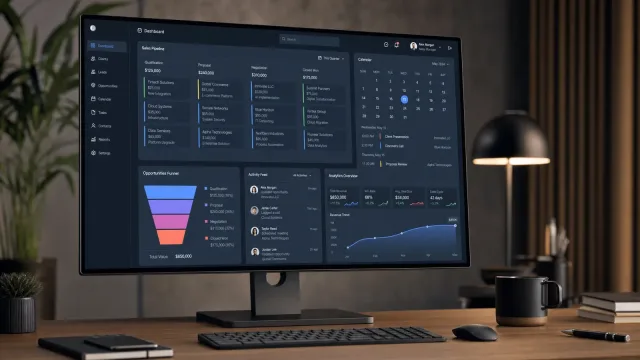 Sales CRM on a desktop display — four-stage pipeline board, calendar, opportunities funnel, activity feed and an analytics overview