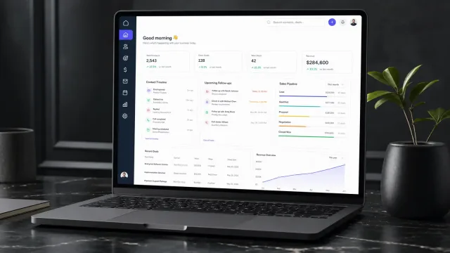 CRM home screen on a laptop — contact, deal and revenue totals, a contact timeline, upcoming follow-ups, pipeline by stage and a revenue curve