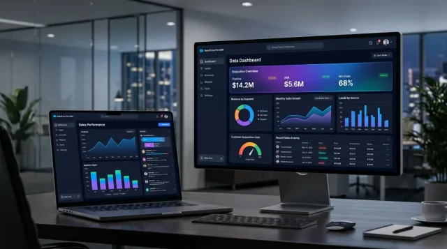 Executive CRM dashboard — pipeline value, ARR and win rate above revenue by segment, monthly growth, leads by source and customer acquisition cost