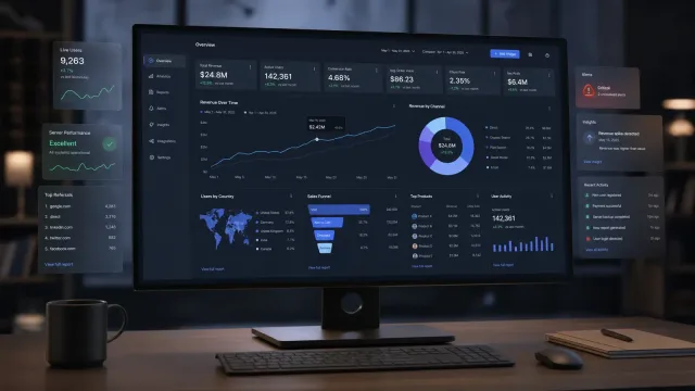 Analytics platform — revenue, users, conversion, order value, churn and profit with period comparison, plus revenue by channel, users by country, a sales funnel and an automated insights panel
