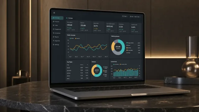 Traffic and conversion reporting on a laptop — visitors, sessions, bounce rate and conversions with traffic by source, top pages and device split