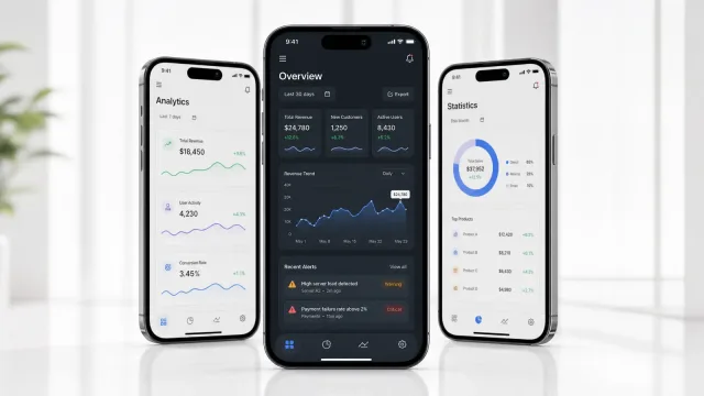 Analytics and alerts on three handsets — revenue and conversion sparklines, an overview with recent warning and critical alerts, and a sales split by channel
