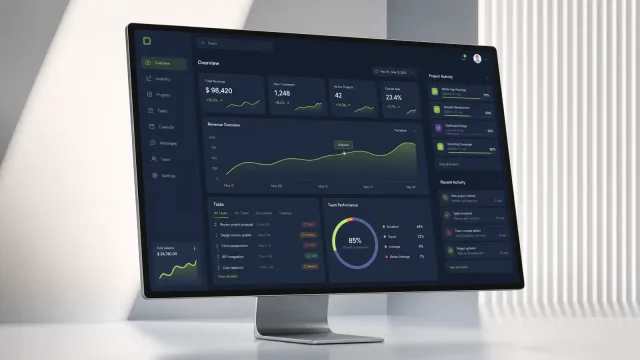 Operations portal on a desktop display — revenue, customers, active projects and growth rate above a task list, team performance ring and a live project activity rail