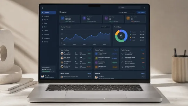 Agency operations dashboard on a laptop — revenue, clients, active projects and pending tasks above per-member task completion, project status and a monthly budget bar