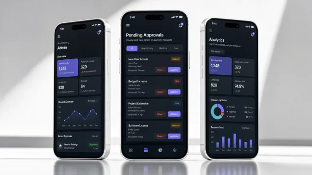 Approvals workflow on three handsets — request totals and pending count, a pending approvals queue with approve and reject actions, and an analytics view with approval rate and weekly trend