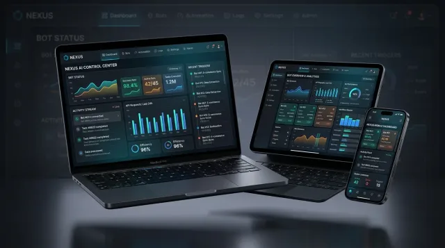 AI automation control centre — bot status, success rate, tasks executed and a live activity stream across laptop, tablet and mobile