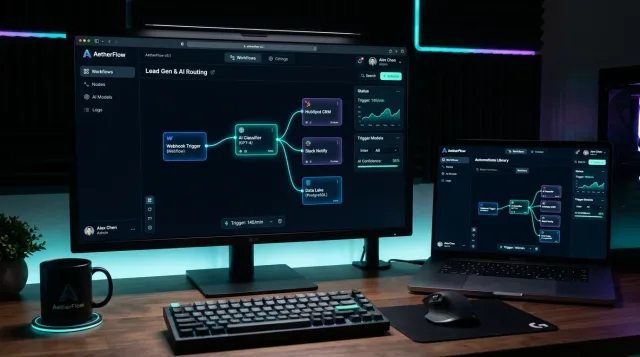 Lead routing workflow — a webhook trigger classified by AI then fanned out to CRM, Slack and a data lake, with trigger rate and confidence score