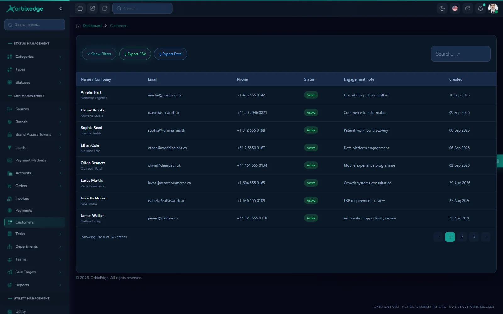 OrbixEdge CRM customer list with fictional company contacts and engagement notes.